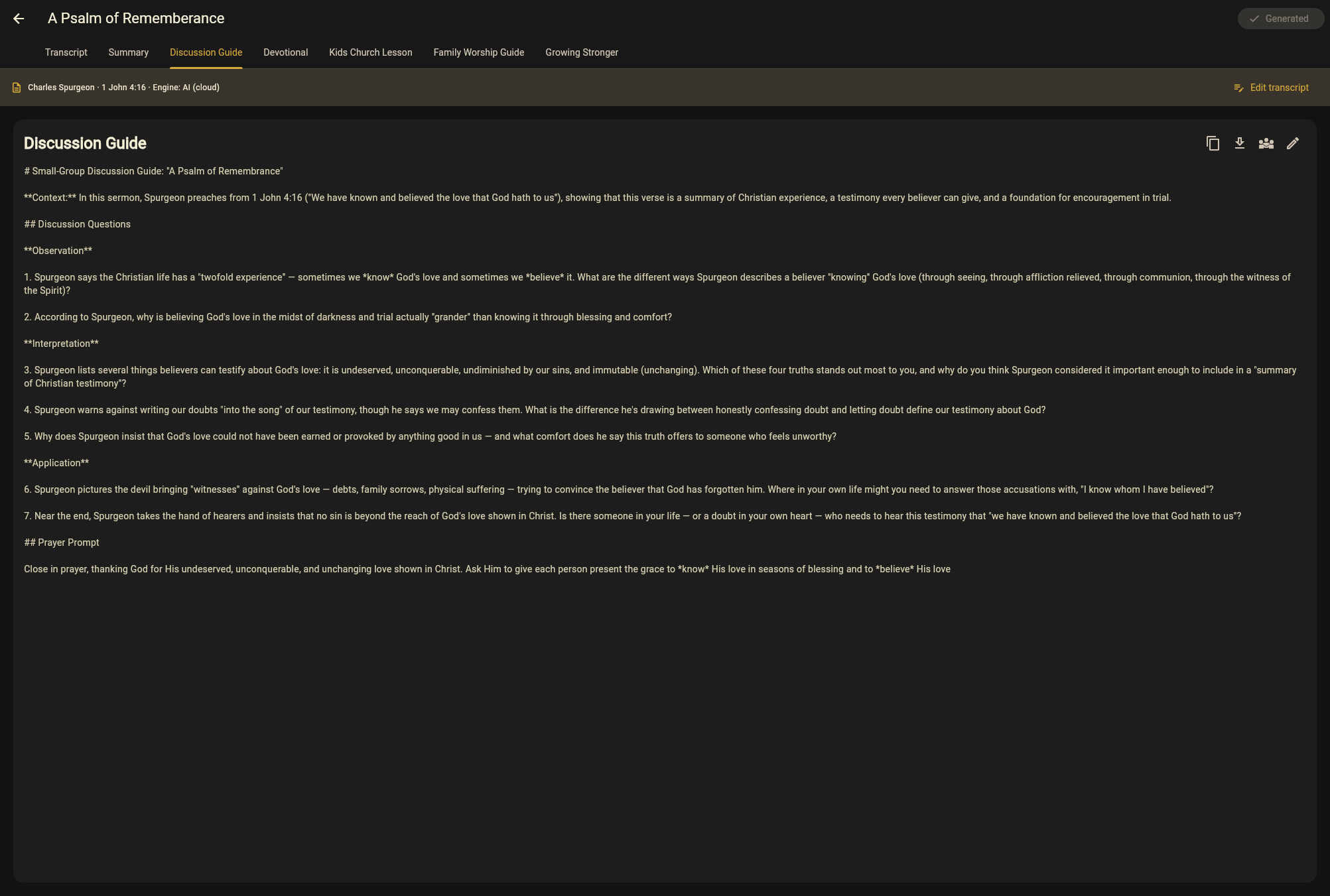 A generated small-group discussion guide