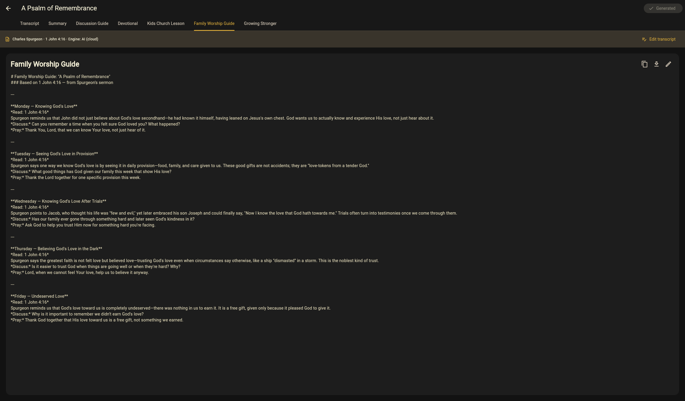 A generated Family Worship Guide