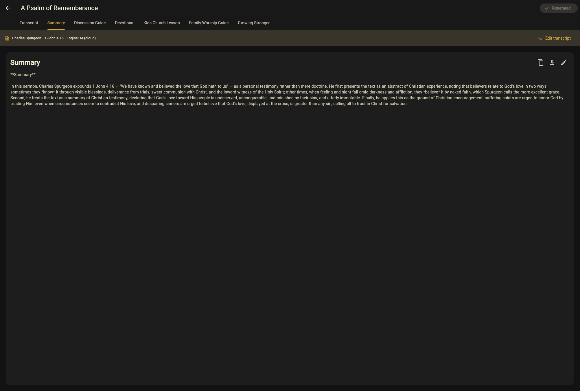 A generated sermon summary